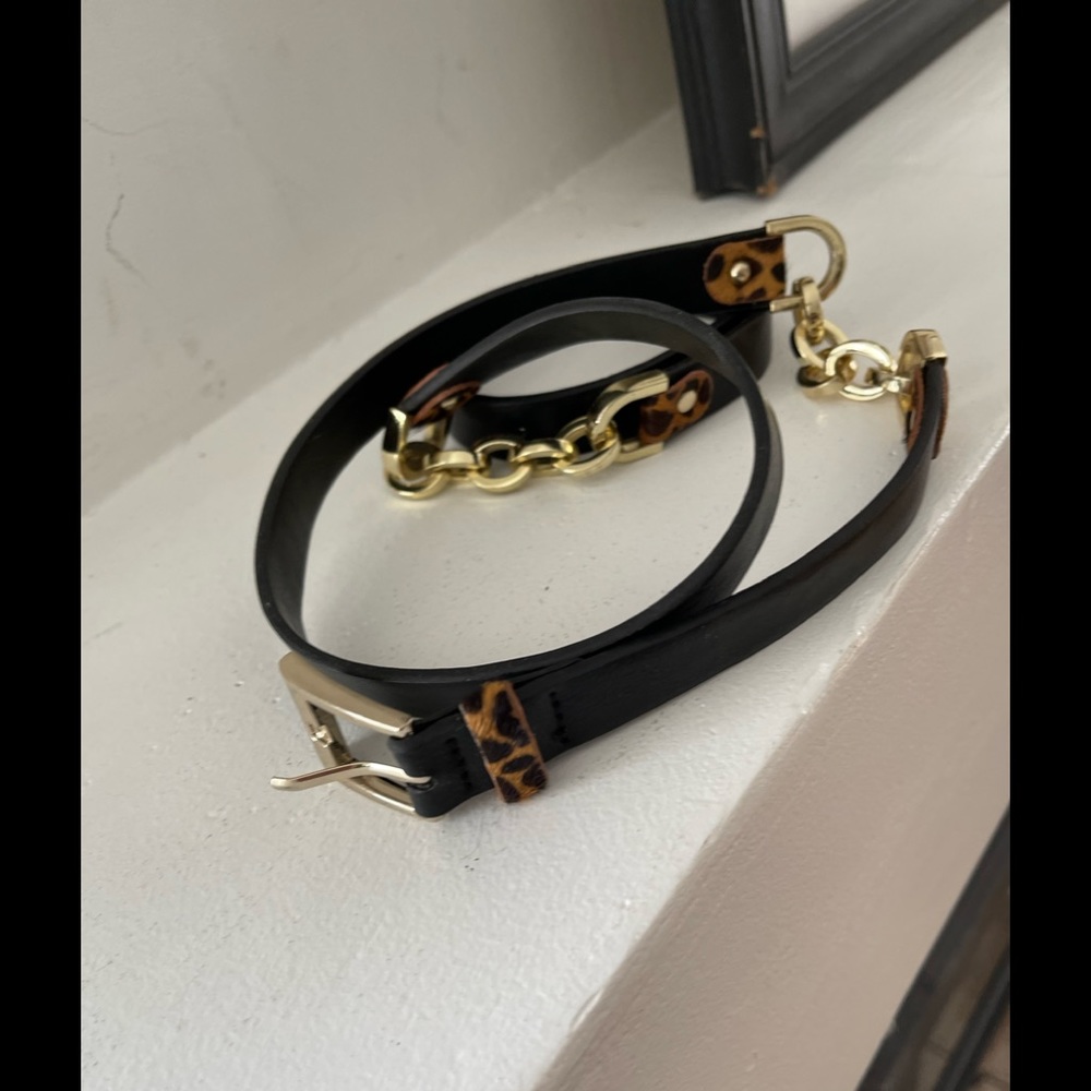 Black and leopard print belt with gold hardwear